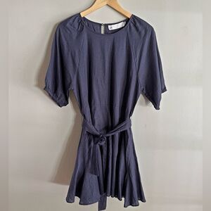 ZK Australia Linen Mini Dress Blue Gray Tie Waist Minimalist 6-8